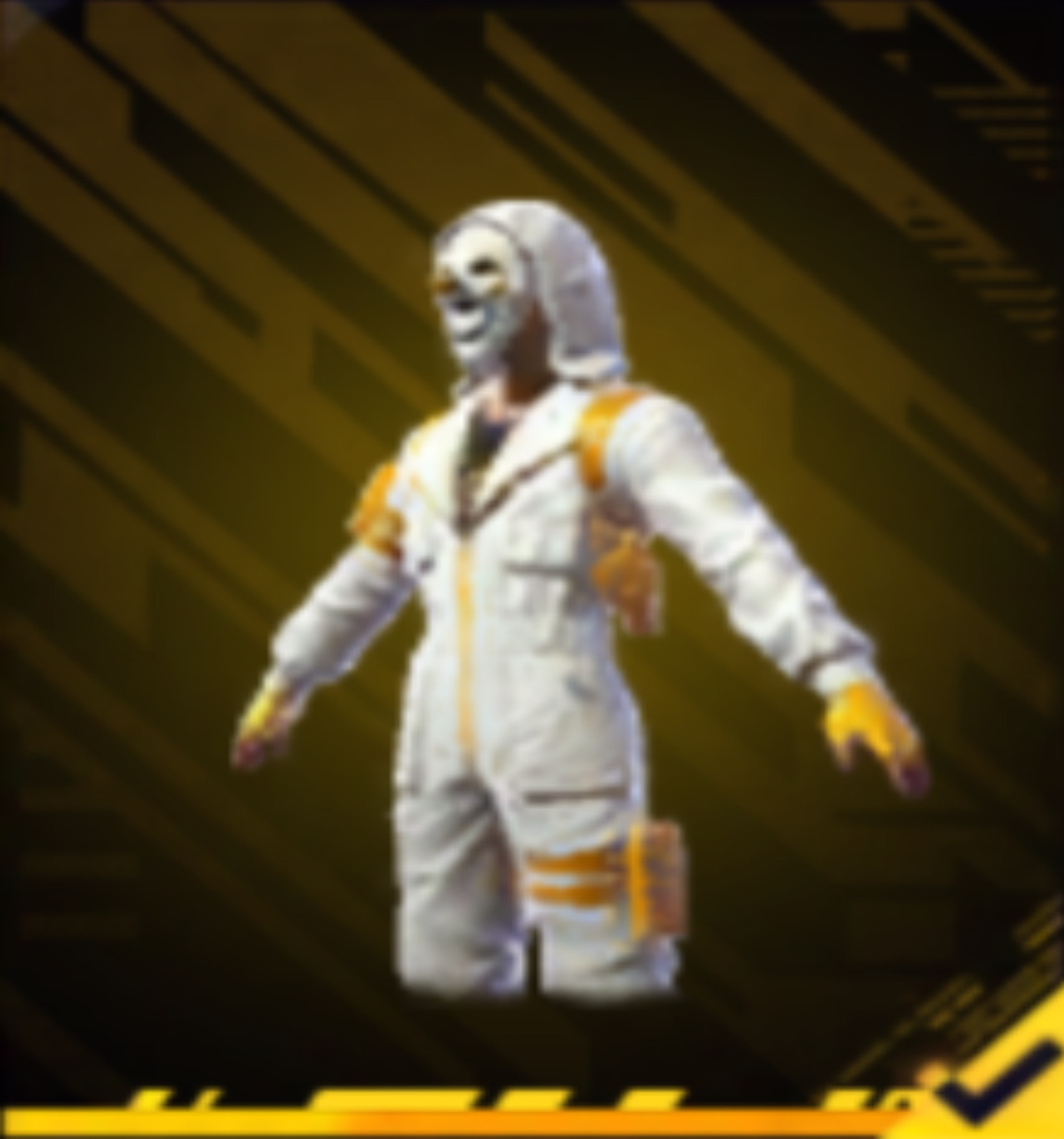 A 3D game character in a gold hooded suit, standing with arms outstretched, on a yellow and black digital background.