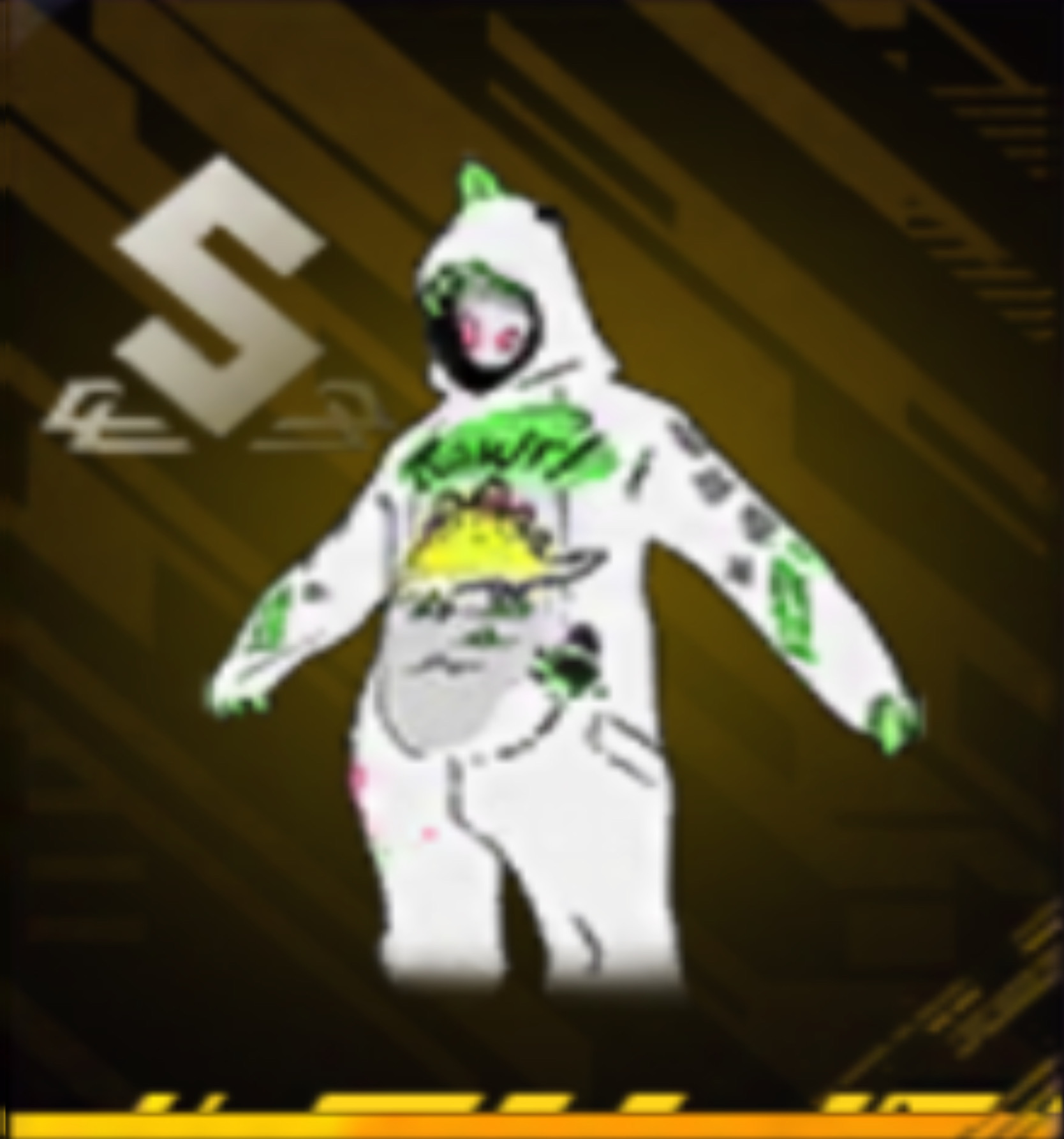 A 3D game character in a green hooded suit, standing with arms outstretched, on a yellow background.