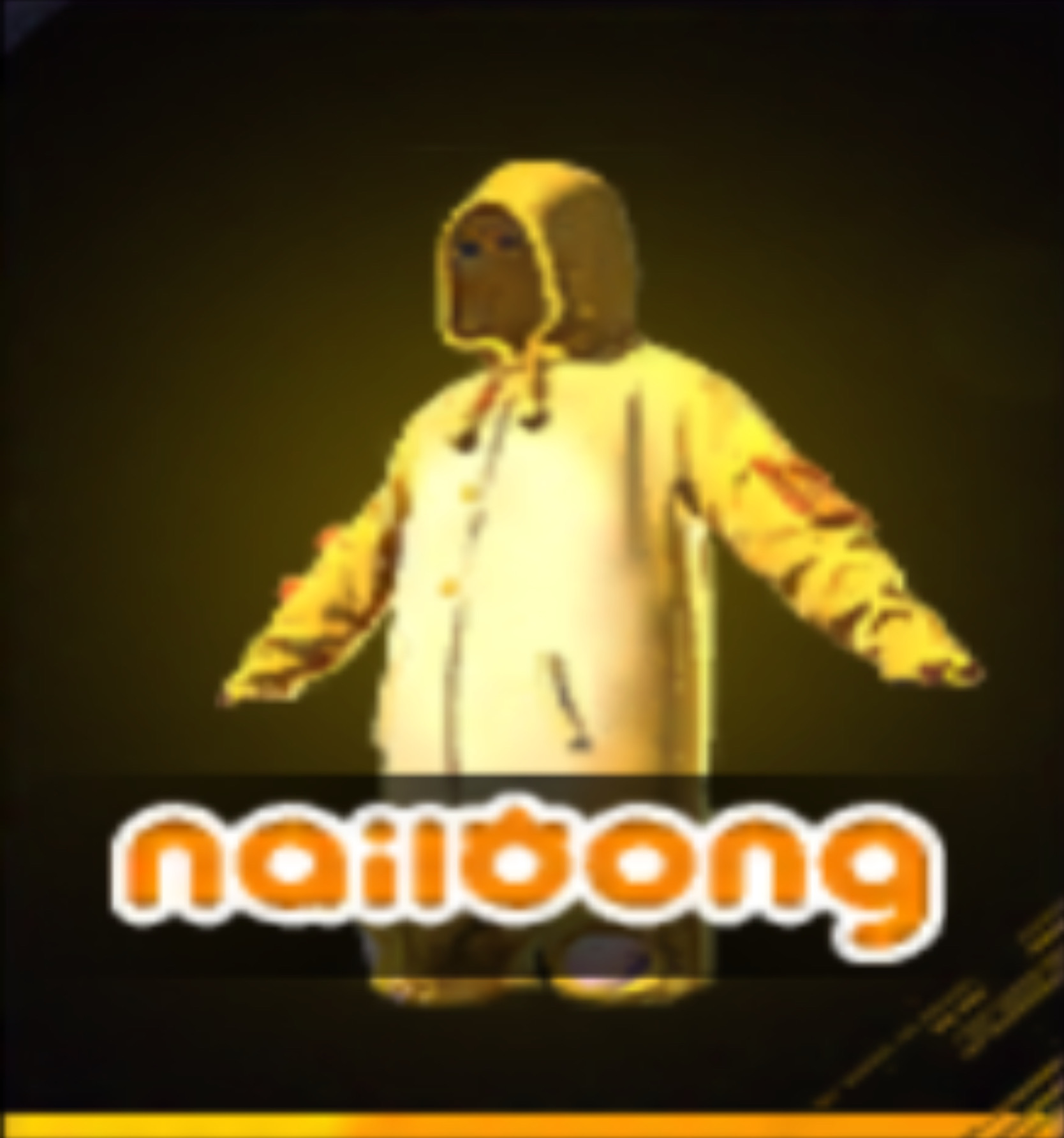 A 3D game character in a yellow hooded suit with a backpack, standing with arms outstretched, on a yellow and black digital background.